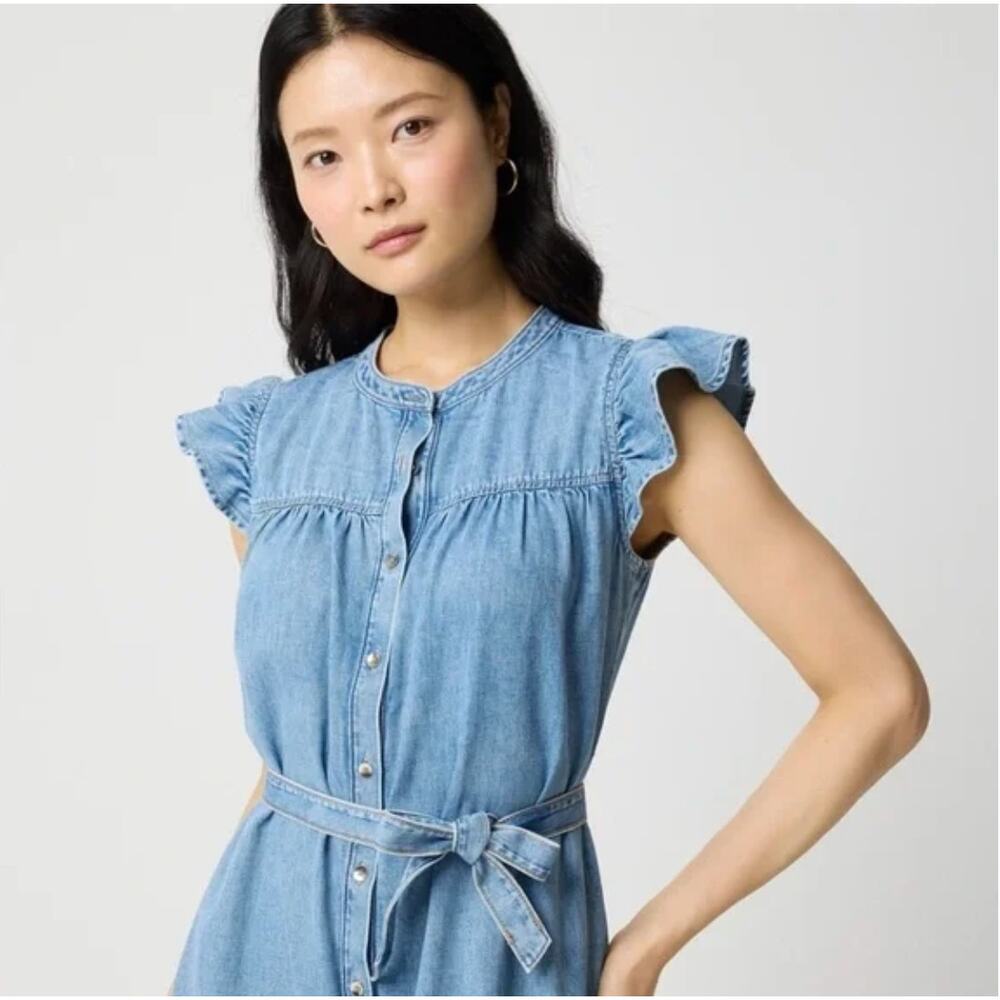 NWT J. Crew Ruffle Sleeve Denim Mini Dress English Blue Wash CK540 Size 12 - Picture 2 of 13